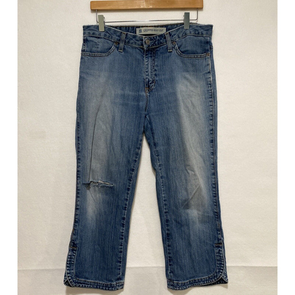 Gap Women's‎ Sz 33 Cropped Boot Cut Stretch Mid Rise Jeans Rounded Split Hem - Picture 2 of 9
